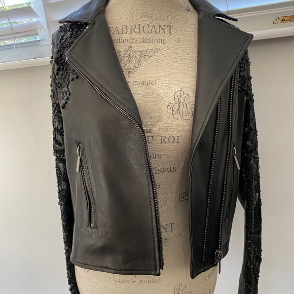 Nour Hammour Sophia Zip-Front Leather Jacket w/ Studded Embroidered Sleeves - Picture 2 of 14